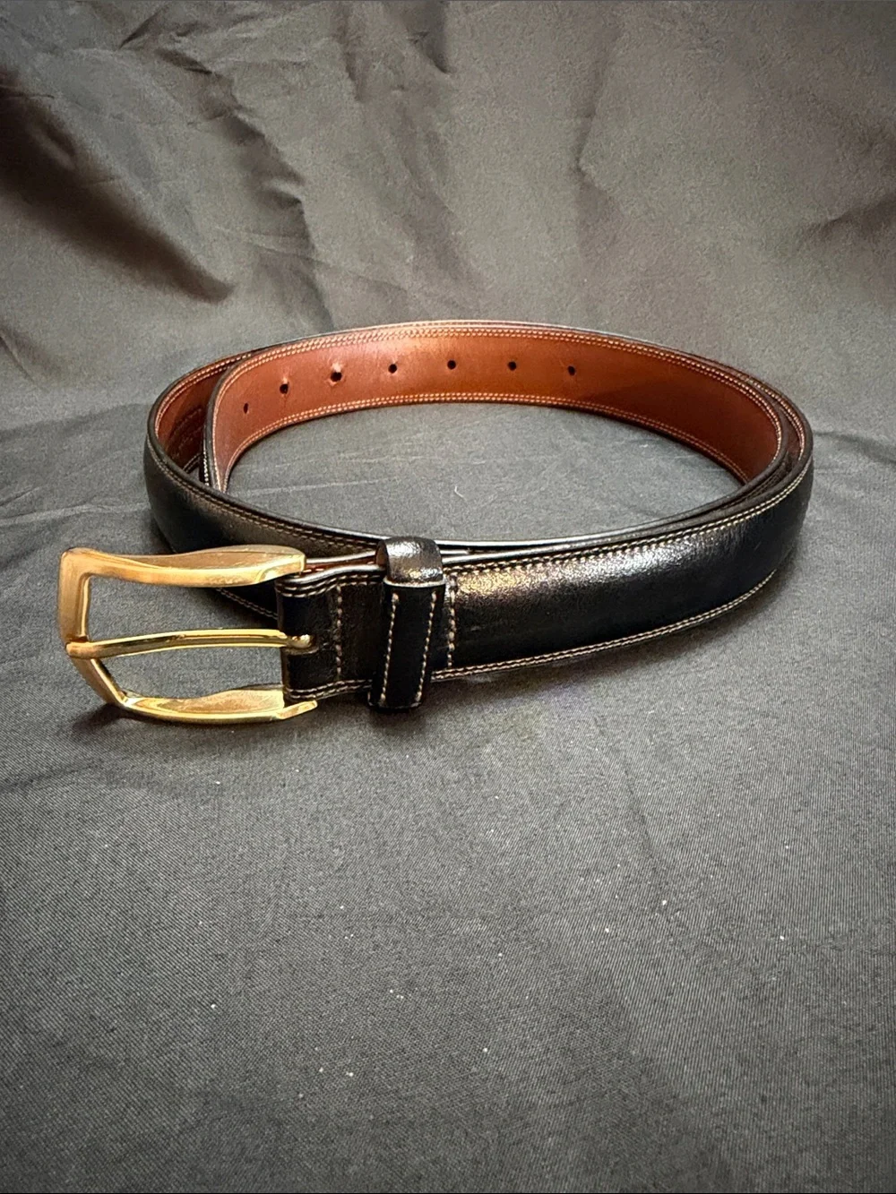 Perry Ellis Black Leather Belt with Brown Interior and Gold Buckle